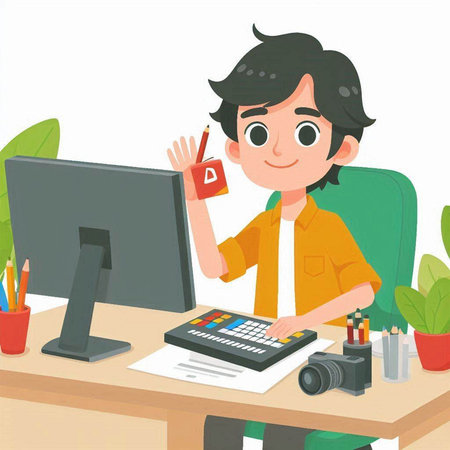 Young man working at home. Freelance, remote work, freelance concept. Vector illustrationのイラスト素材