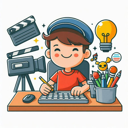 Cute cartoon boy with video camera and computer. Vector illustration.のイラスト素材