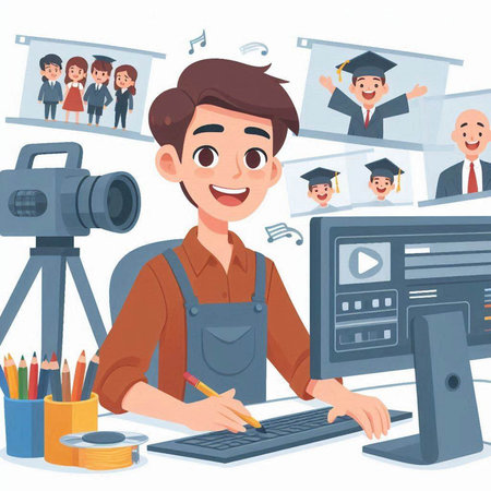 Vector cartoon illustration of online education. Video tutorials, e-learning concept.のイラスト素材