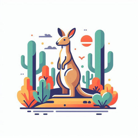 Kangaroo in the desert with cactuses. Vector illustrationのイラスト素材