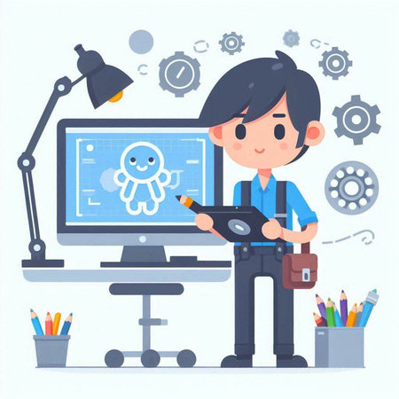 Businessman working on computer. Vector illustration in a flat style.のイラスト素材