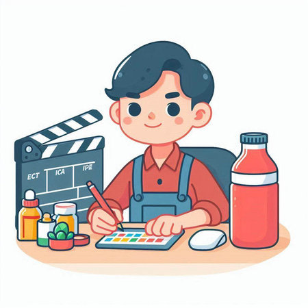 Illustration of a boy in a working environment with a movie clapperのイラスト素材