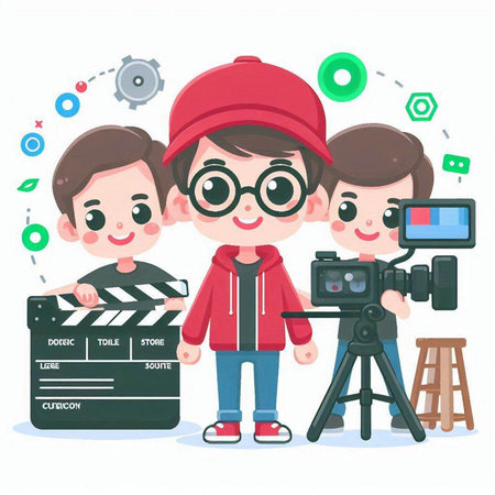 Photographer and cameraman with movie clapper. Vector illustration.のイラスト素材
