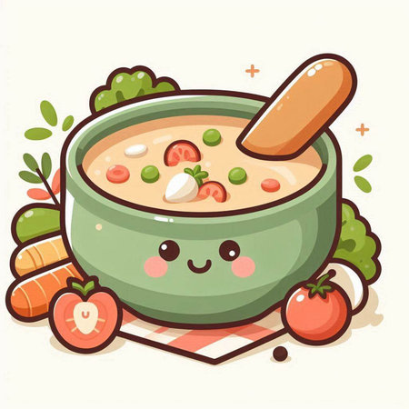 Vector illustration of a bowl of vegetable soup with a spoon in his handのイラスト素材