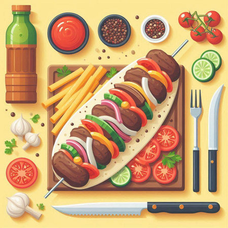 Barbecue grill with vegetables and sauce. Top view. Vector illustrationのイラスト素材
