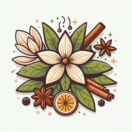 Cinnamon, star anise and flower. Vector illustration for your designのイラスト素材