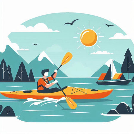 Kayaking on the river. Vector illustration in flat cartoon style.のイラスト素材