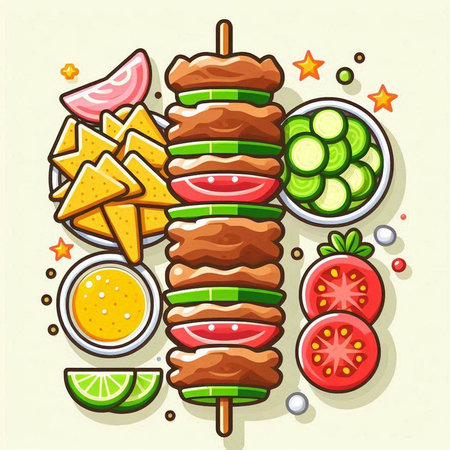Vector illustration of grilled kebab on skewer with ingredients.のイラスト素材