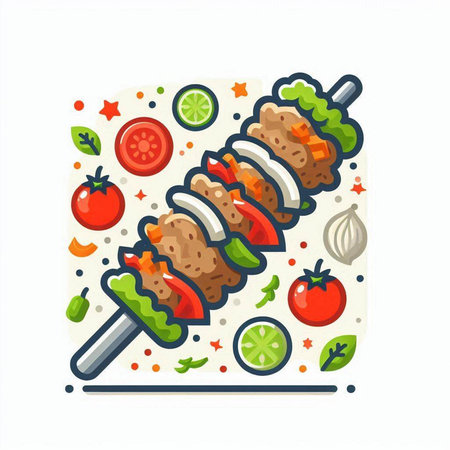 Shish kebab with vegetables. Vector illustration in flat styleのイラスト素材