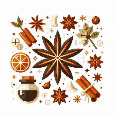 Cinnamon, star anise, cloves, cinnamon sticks, cloves. Vector illustration.のイラスト素材