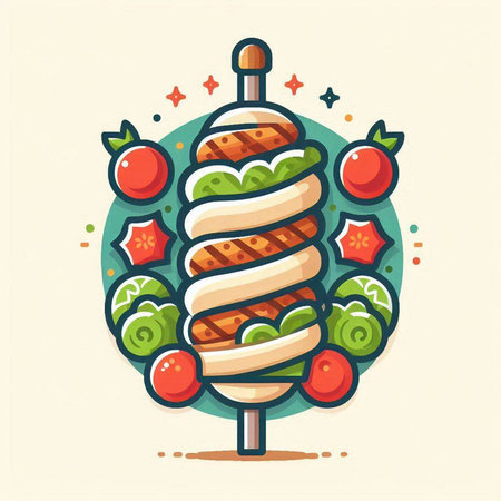 Vector illustration of a hamburger on a skewer with vegetables.のイラスト素材