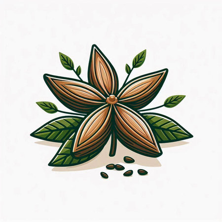 Star anise with green leaves on a white background. Vector illustration.のイラスト素材