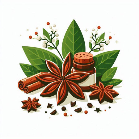 Illustration of cinnamon sticks, star anise, cloves and leaves.のイラスト素材