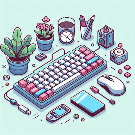 Flat 3d isometric vector illustration of computer keyboard, mouse, stationery and plants.のイラスト素材