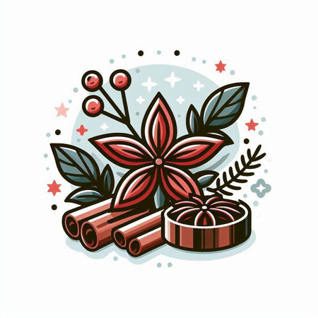 Christmas card with cinnamon, star anise and berries. Vector illustration.のイラスト素材