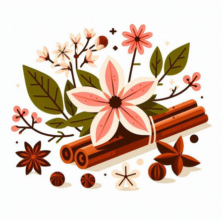 Cinnamon sticks, star anise and flowers. Vector illustration.のイラスト素材