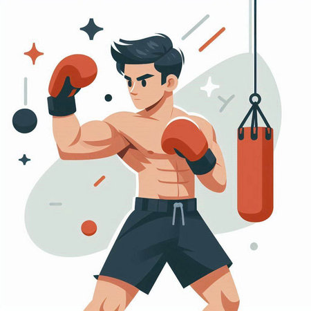 Young man in boxing gloves. Vector illustration in flat cartoon style.のイラスト素材
