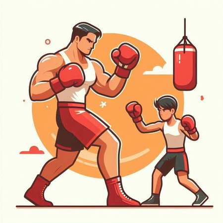 Father and son boxing together. Vector illustration in flat cartoon style.のイラスト素材