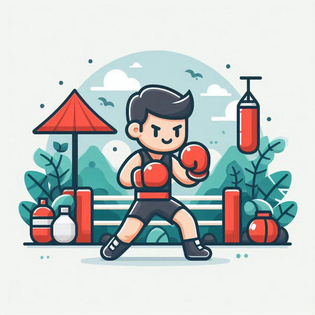 Boy boxer sitting on the bench in the park. Vector illustration.のイラスト素材