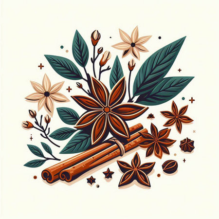 Cinnamon, star anise and leaves in vintage style. Vector illustration.のイラスト素材