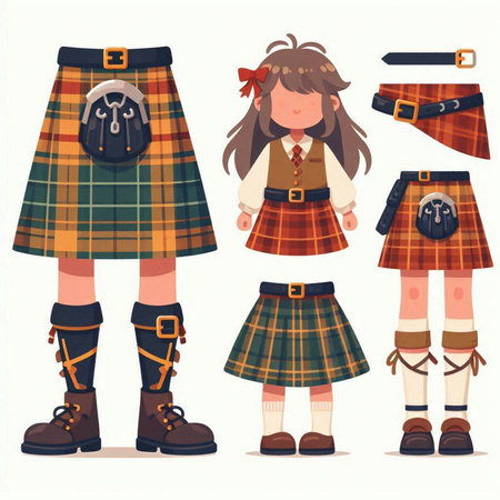 Scottish traditional clothes. Set of vector illustrations in flat style.のイラスト素材