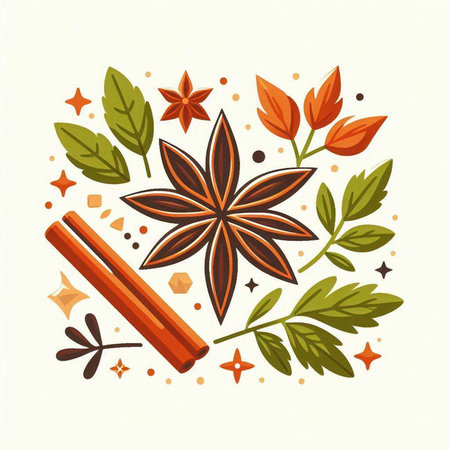 Cinnamon, star anise and leaves. Vector illustration for your designのイラスト素材