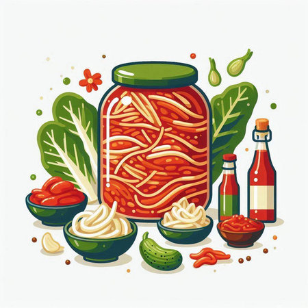 Illustration of a glass jar with ketchupnnaise, mustard, lettuce, pickled cucumbers and other ingredients.のイラスト素材