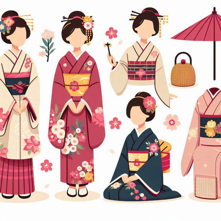 Illustration of a set of Japanese girls wearing traditional clothes. Vector illustration.のイラスト素材