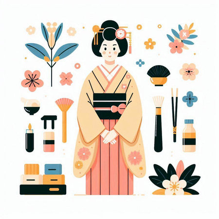 Japanese woman in kimono with cosmetics. Vector flat illustration.のイラスト素材
