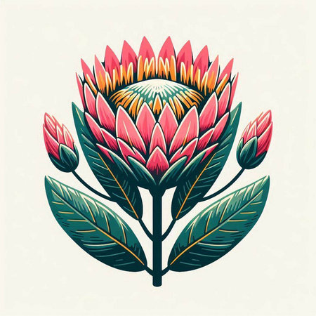 Beautiful protea flower with leaves. Vector illustration in retro style.のイラスト素材