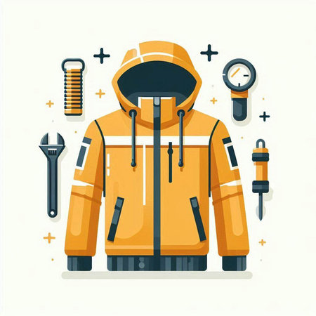 Vector illustration of a yellow winter jacket with a hood and tools.のイラスト素材