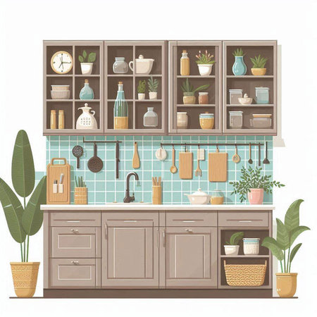 Kitchen interior design with shelves, cupboards and plants. Vector illustration.のイラスト素材