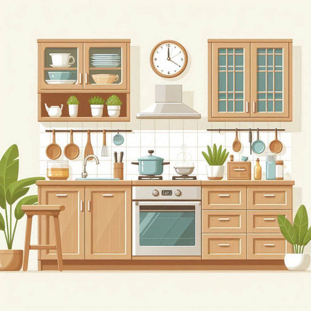Kitchen interior with furniture and kitchenware. Vector illustration in flat style.のイラスト素材
