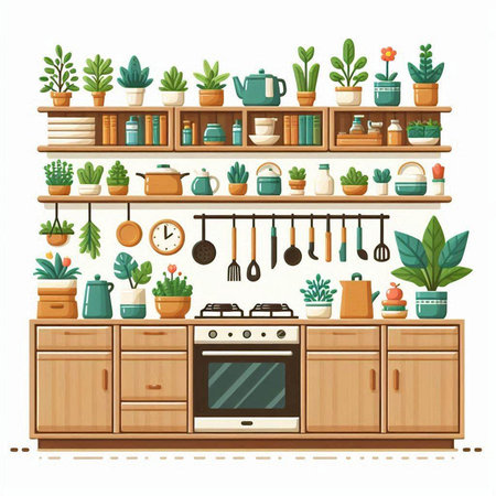 Kitchen interior with furniture and houseplants. Vector illustration.のイラスト素材