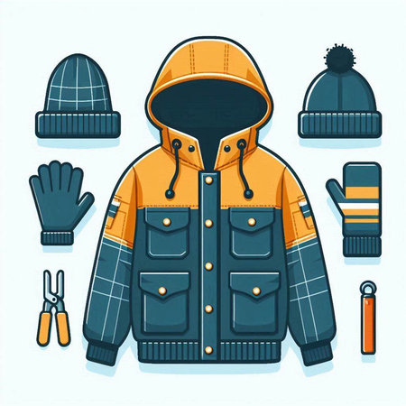 Winter clothes vector illustration in cartoon style. Winter clothing and accessories.のイラスト素材