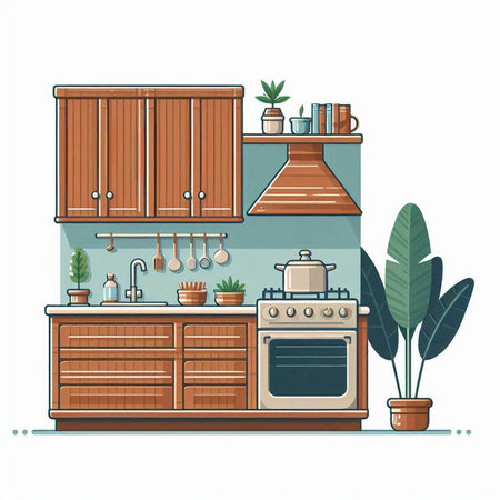 Kitchen interior with furniture and plants. Vector illustration in flat styleのイラスト素材