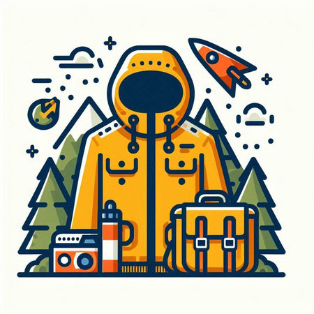 Camping and travel flat line icon. Vector illustration of backpack, hat, jacket, camera, binoculars, compass, flask. Camping concept.のイラスト素材