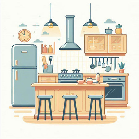 Kitchen interior with furniture and equipment. Vector illustration in flat styleのイラスト素材
