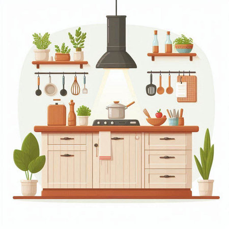 Kitchen interior with furniture and equipment. Vector illustration in flat styleのイラスト素材