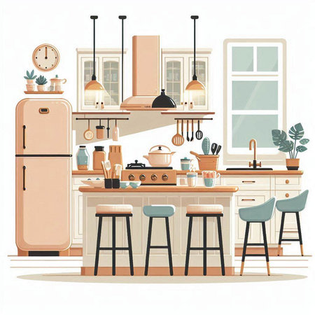 Kitchen interior with furniture and kitchenware. Vector illustration. Eps 10のイラスト素材