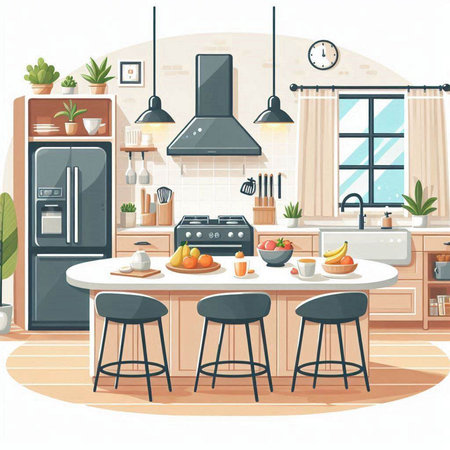 Kitchen interior with furniture and kitchenware. Vector illustration in cartoon styleのイラスト素材