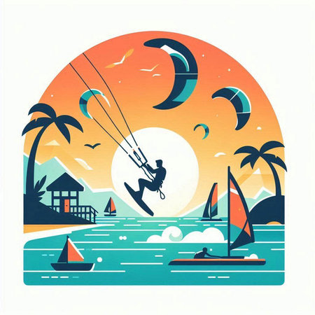Kitesurfing on the sea at sunset. Vector illustration.のイラスト素材