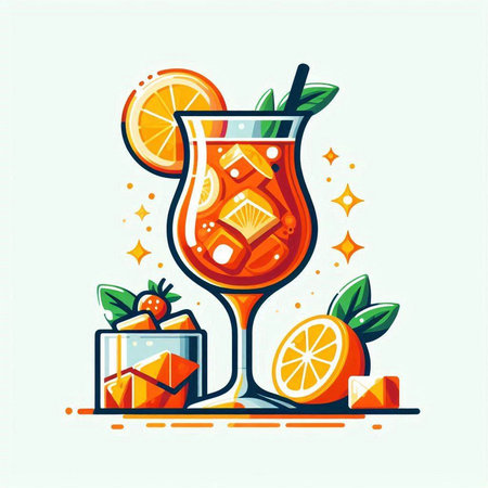 Cocktail with orange, ice and mint. Vector illustration.のイラスト素材