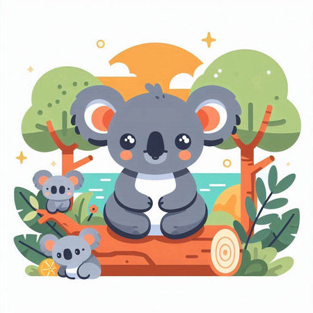 Cute koala sitting on a log. Vector illustration in cartoon style.のイラスト素材