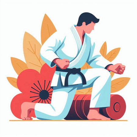 Man in kimono practicing karate. Sport and healthy lifestyle. Vector illustrationのイラスト素材