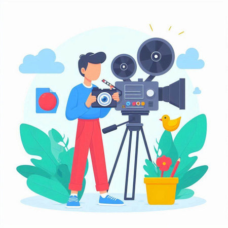 Cinema concept vector illustration. Cartoon flat man with camera and video camera.のイラスト素材