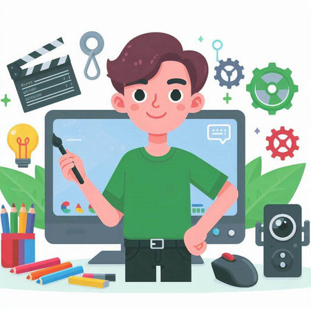 Teenage boy with computer. Teenager with gadgets. Vector illustrationのイラスト素材