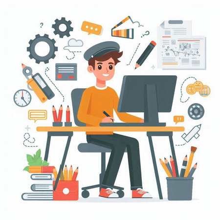 Young man working on computer in office. Flat style vector illustration.のイラスト素材
