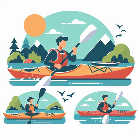 Kayaking, kayaking, canoeing and canoeing. Flat style vector illustration.のイラスト素材