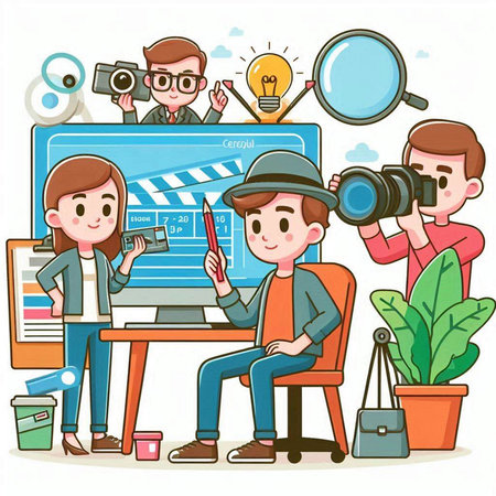 Illustration of a Cute Cartoon Photographer with a Camera and Cameramanのイラスト素材
